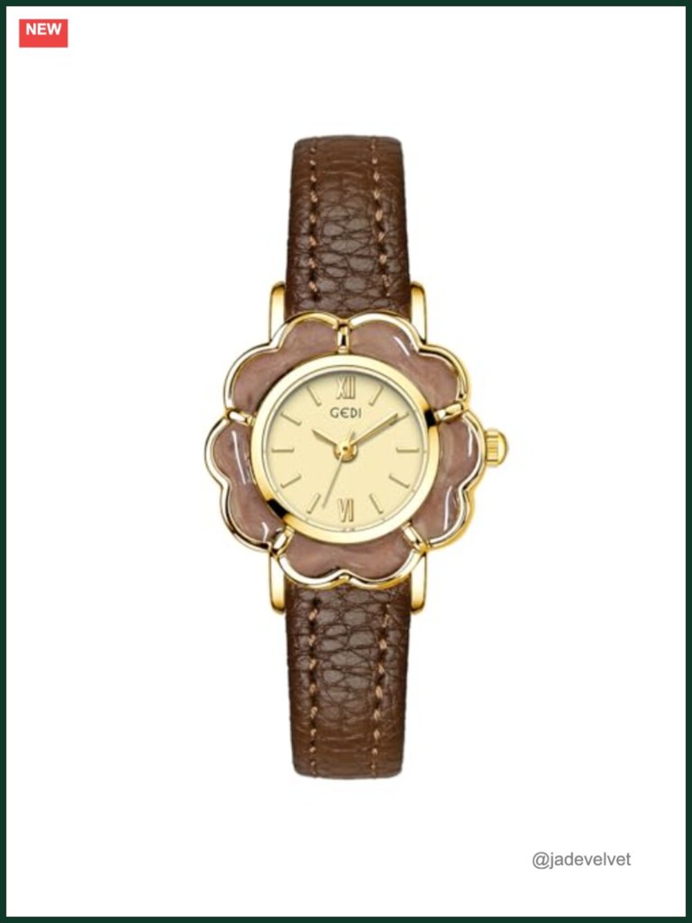 Floral Gold Quartz Watch Leather Strap Roman Numerals 30M Waterproof